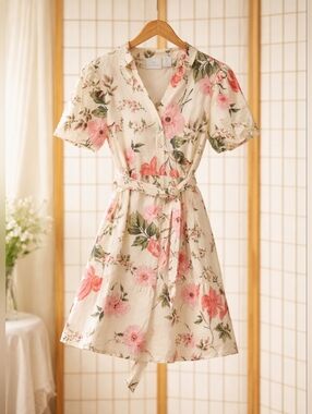 Floral Linen Blend Belted Mini Shirt Dress With Flounce Sleeves